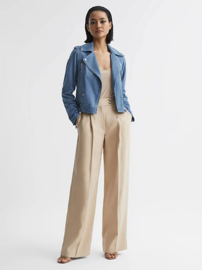 Women Santiago Suede Suede Biker Jacket Blue Reiss Coats and Jackets