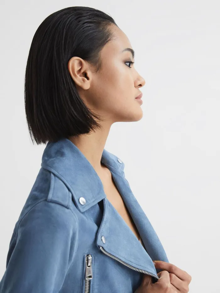 Women Santiago Suede Suede Biker Jacket Blue Reiss Coats and Jackets
