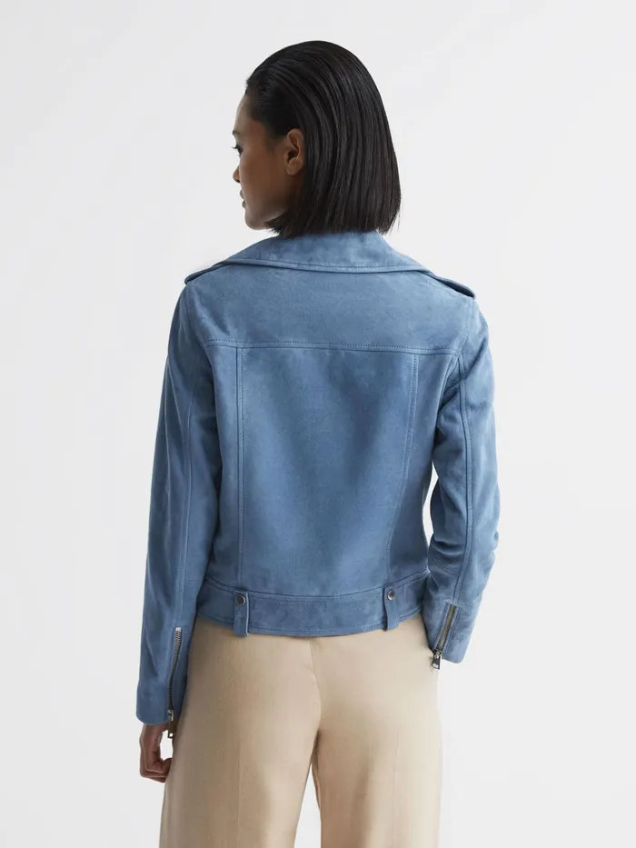 Women Santiago Suede Suede Biker Jacket Blue Reiss Coats and Jackets