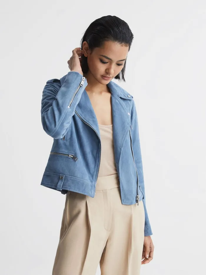 Women Santiago Suede Suede Biker Jacket Blue Reiss Coats and Jackets
