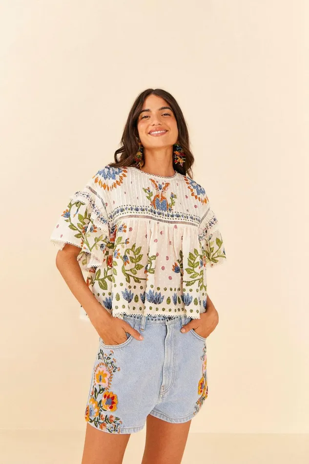 Women Shorts Farm Rio Summer Garden Embroidered Denim Shorts
