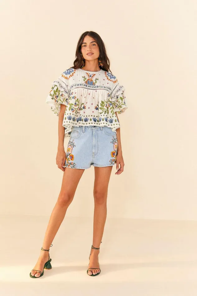 Women Shorts Farm Rio Summer Garden Embroidered Denim Shorts