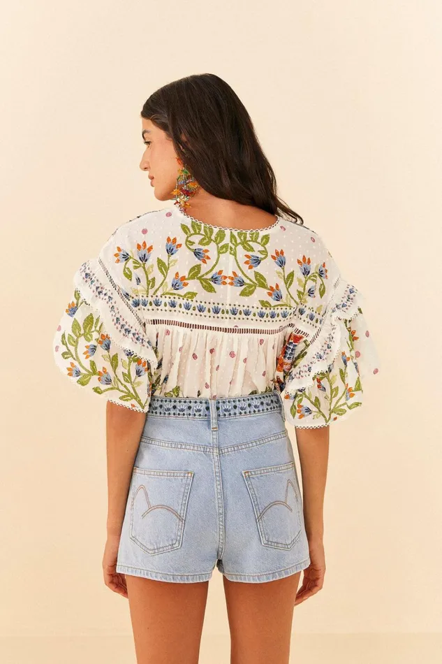 Women Shorts Farm Rio Summer Garden Embroidered Denim Shorts