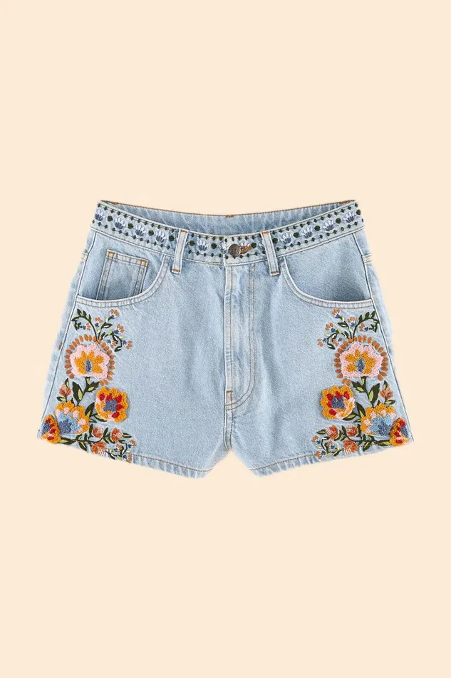 Women Shorts Farm Rio Summer Garden Embroidered Denim Shorts