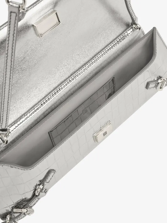 Women Shoulder Bags Givenchy Voyou Clutch Bag In Crocodile Effect Leather Light Silvery