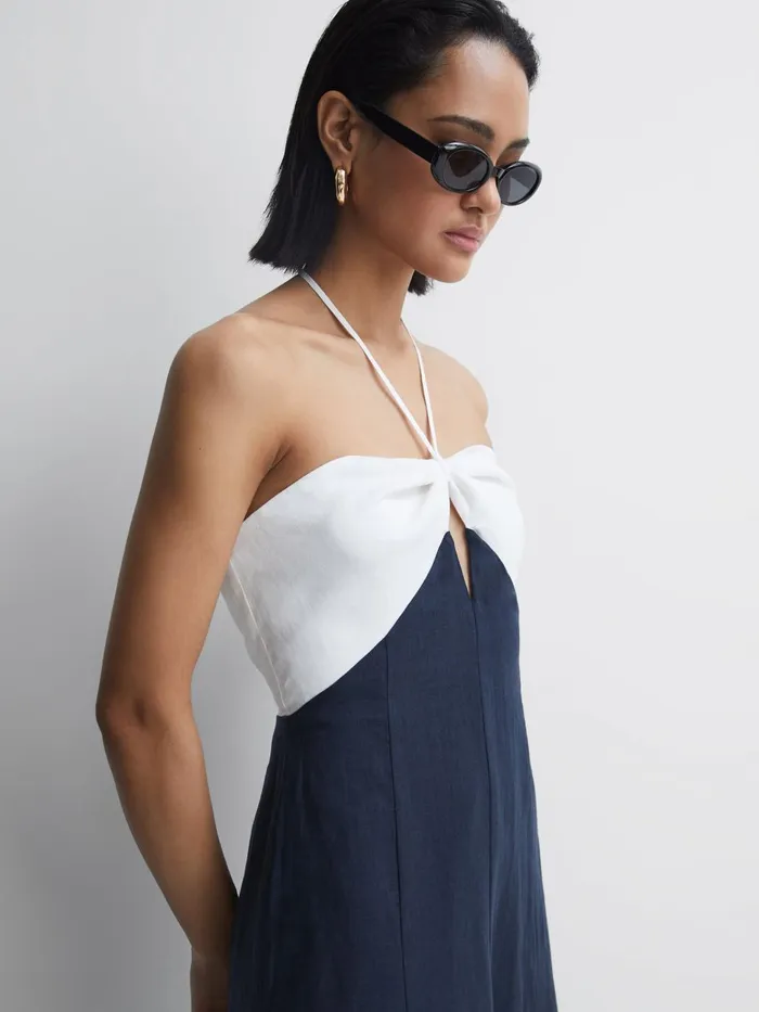 Women Sian Linen Colour Block Midi Dress Navywhite Reiss Dresses