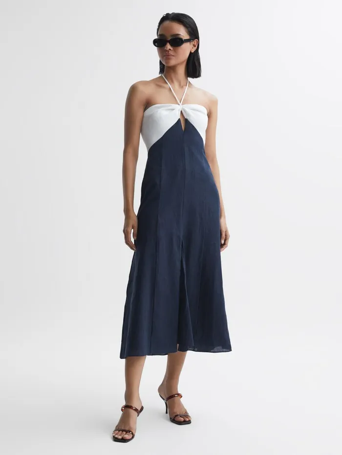 Women Sian Linen Colour Block Midi Dress Navywhite Reiss Dresses