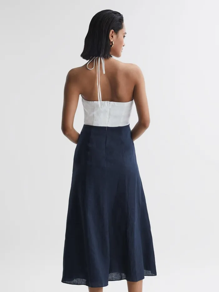 Women Sian Linen Colour Block Midi Dress Navywhite Reiss Dresses