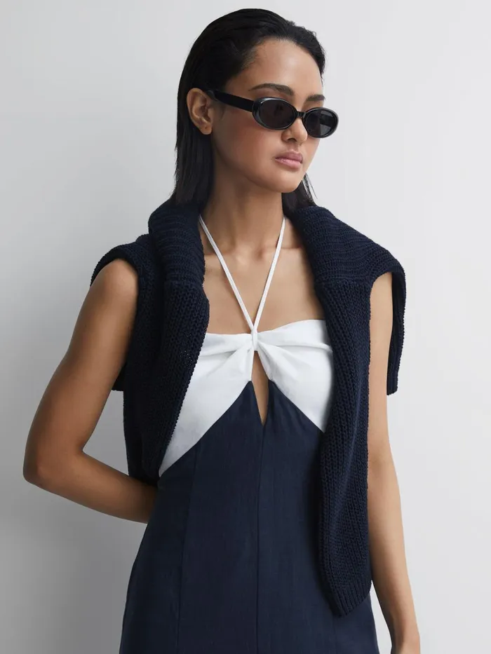 Women Sian Linen Colour Block Midi Dress Navywhite Reiss Dresses