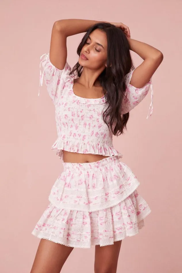 Women Signature Fragrance Print Ruffle Mini Skirt Sterling Dusk LoveShackFancy Skirts