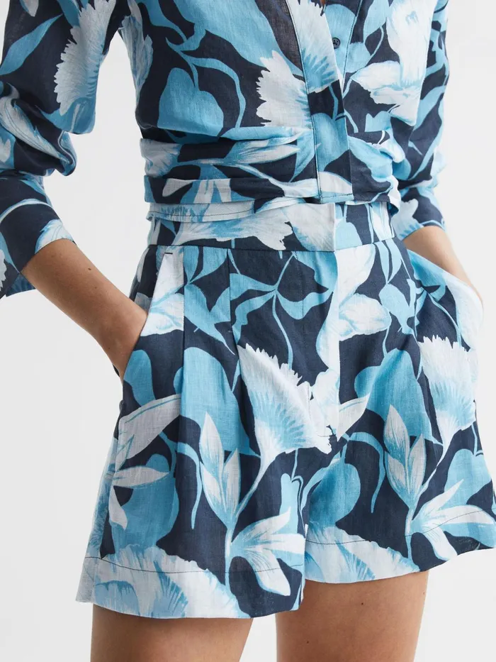 Women Sky Linen Floral Printed Shorts Blue Print Reiss Shorts