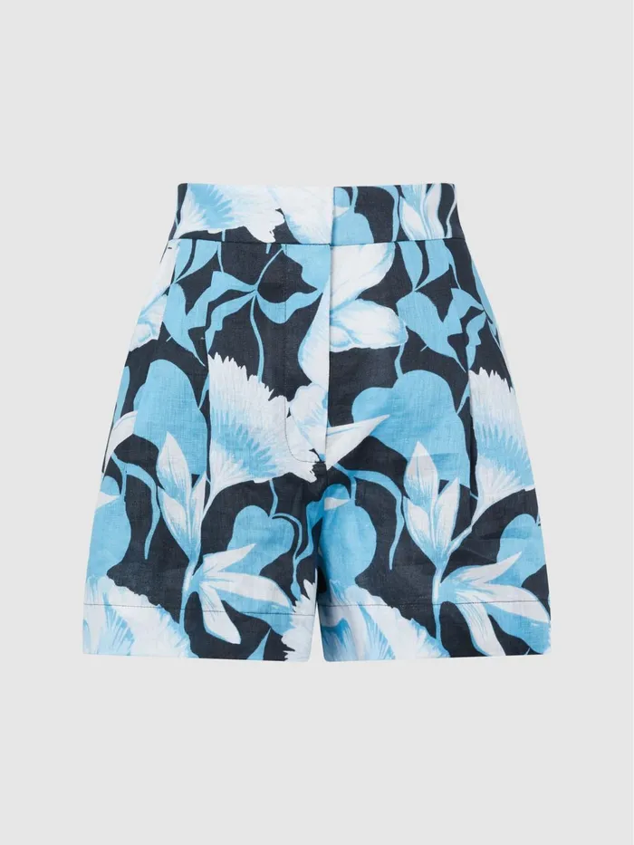 Women Sky Linen Floral Printed Shorts Blue Print Reiss Shorts