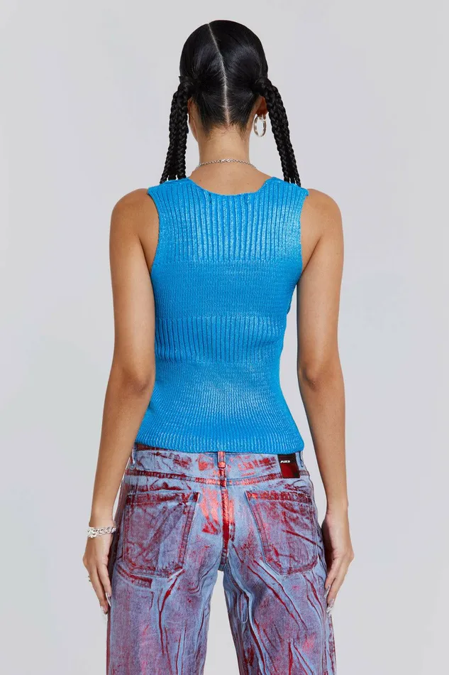Women Steel Metallic Knitted Sliced Top Blue Jaded London Knitwear