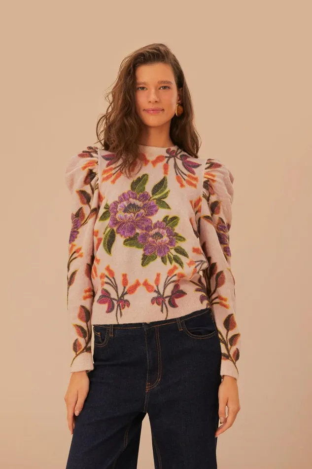 Women Sweaters and Sweatshirts Farm Rio Cream Winter Garden Knit Sweater