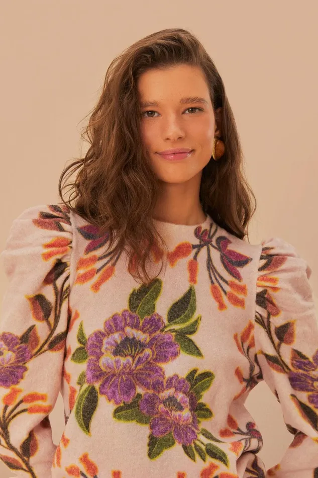 Women Sweaters and Sweatshirts Farm Rio Cream Winter Garden Knit Sweater