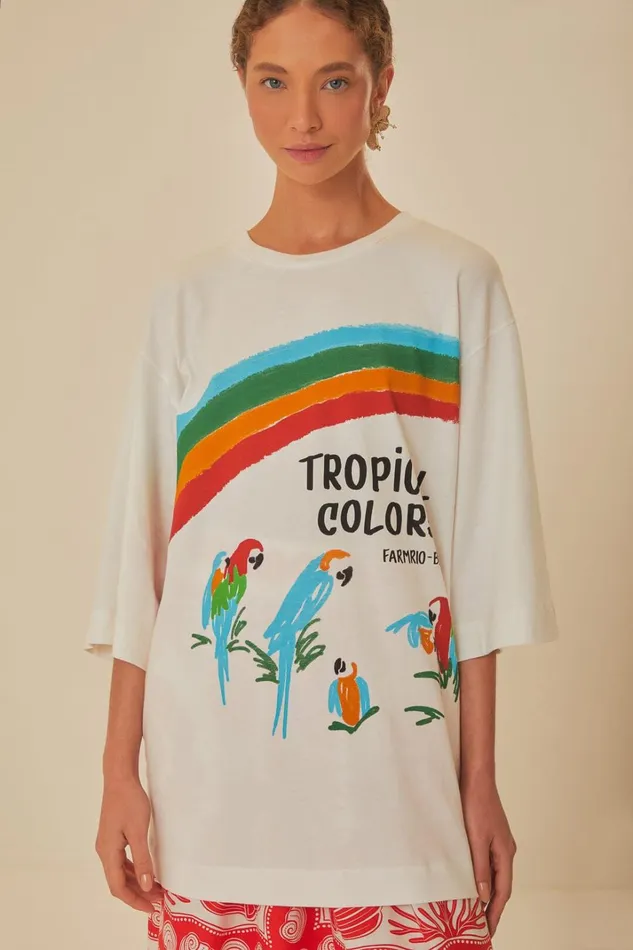 Women TShirts Farm Rio White Tropical Colors Organic Cotton Oversized TShirt