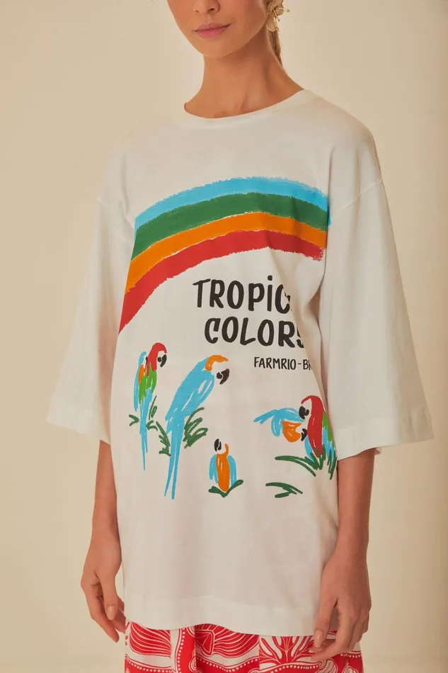 Women TShirts Farm Rio White Tropical Colors Organic Cotton Oversized TShirt