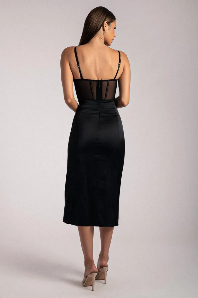 Women Talisa Chain Strap Side Split Corset Midi Dress 8211 Black Black Meshki Midi Dresses