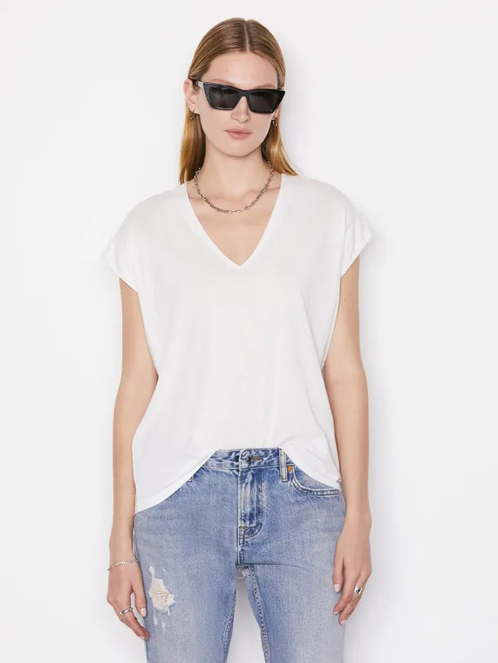 Women Tanks and Tees FRAME Le Mid Rise V Neck Tee 8212 Blanc