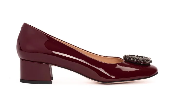 Women The Danish Burgundy Patent Leather Block Heel Pump Shoe Vinci Leather Heels