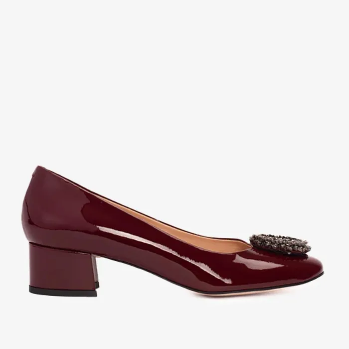 Women The Danish Burgundy Patent Leather Block Heel Pump Shoe Vinci Leather Heels