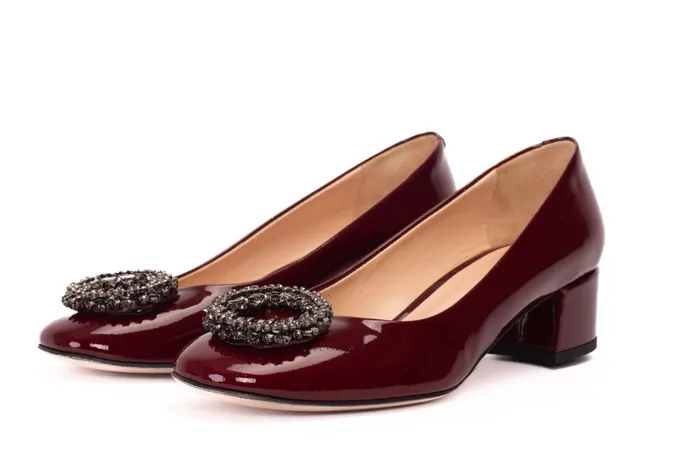 Women The Danish Burgundy Patent Leather Block Heel Pump Shoe Vinci Leather Heels