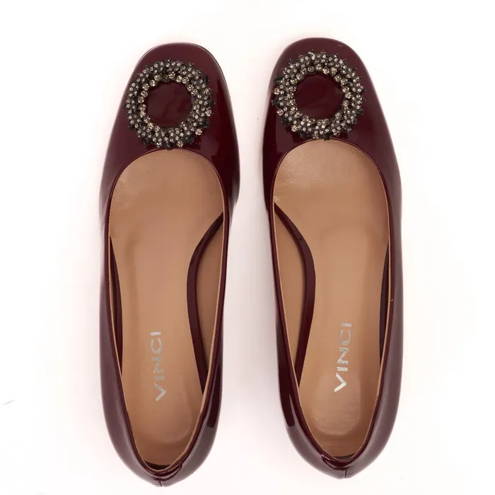 Women The Danish Burgundy Patent Leather Block Heel Pump Shoe Vinci Leather Heels