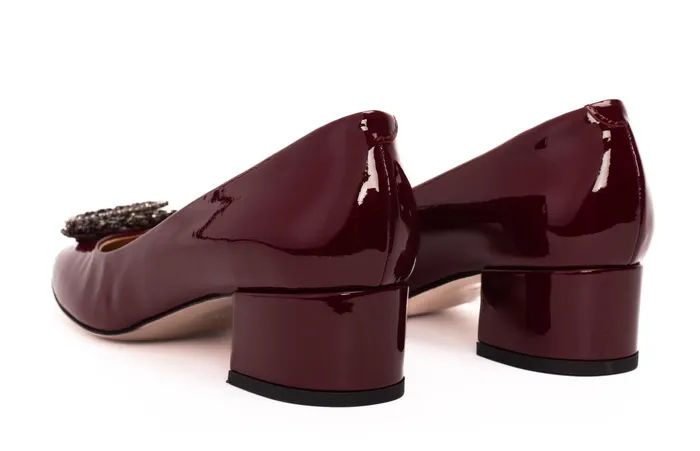 Women The Danish Burgundy Patent Leather Block Heel Pump Shoe Vinci Leather Heels