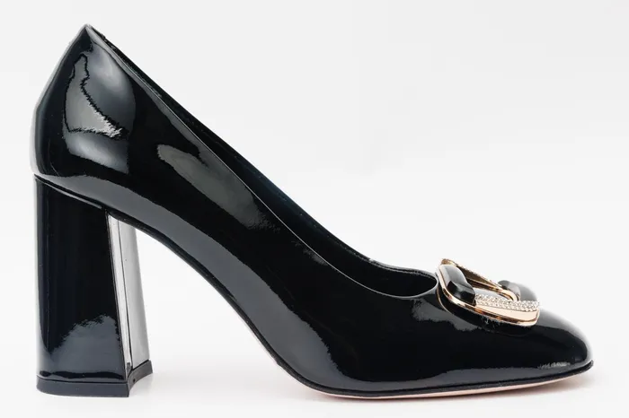 Women The Ferrara Black Patent Leather Block Heel Pump Shoe Vinci Leather Best Sellers