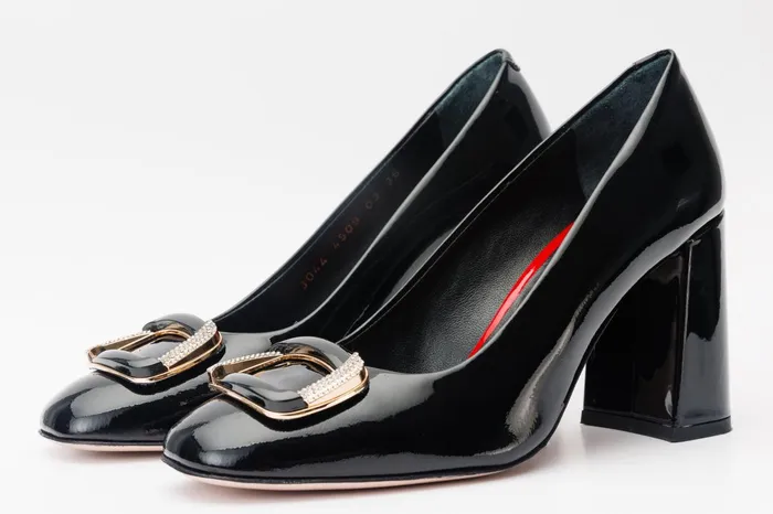 Women The Ferrara Black Patent Leather Block Heel Pump Shoe Vinci Leather Best Sellers