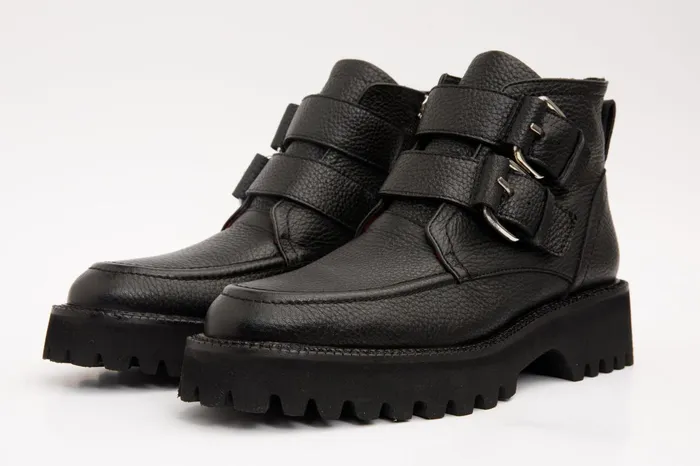 Women The Harry Black Leather Double Monk Ankle Boot Vinci Leather Boots and Booties