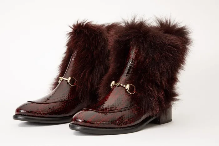 Women The Izmir Burgundy Patent Leather Natural Fur Mid Calf Boot Vinci Leather Best Sellers