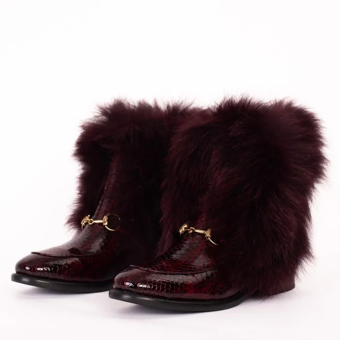 Women The Izmir Burgundy Patent Leather Natural Fur Mid Calf Boot Vinci Leather Best Sellers