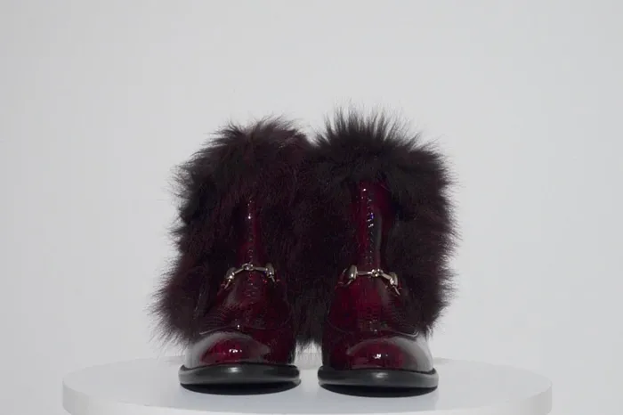 Women The Izmir Burgundy Patent Leather Natural Fur Mid Calf Boot Vinci Leather Best Sellers