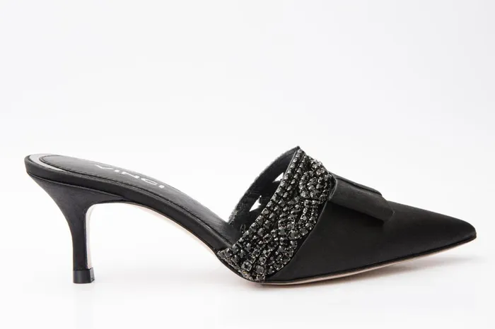 Women The Volga Black Leather Kitten Heel Pointy Toe Sandal Vinci Leather Sandals