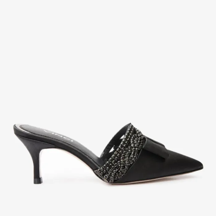 Women The Volga Black Leather Kitten Heel Pointy Toe Sandal Vinci Leather Sandals
