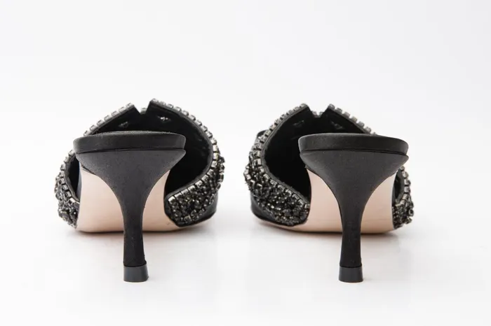 Women The Volga Black Leather Kitten Heel Pointy Toe Sandal Vinci Leather Sandals