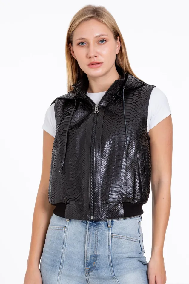 Women The Yanaka Pythn Skin Leather Black ZipUp Vest With A Hood Vinci Leather Best Sellers