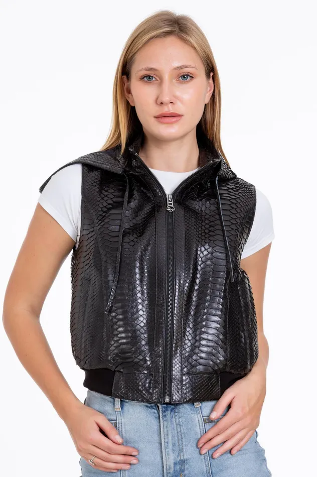 Women The Yanaka Pythn Skin Leather Black ZipUp Vest With A Hood Vinci Leather Best Sellers