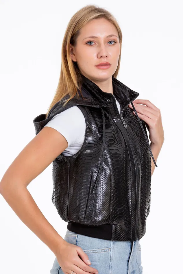 Women The Yanaka Pythn Skin Leather Black ZipUp Vest With A Hood Vinci Leather Best Sellers