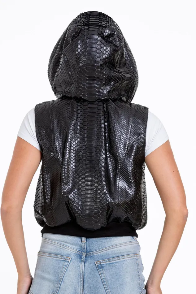 Women The Yanaka Pythn Skin Leather Black ZipUp Vest With A Hood Vinci Leather Best Sellers