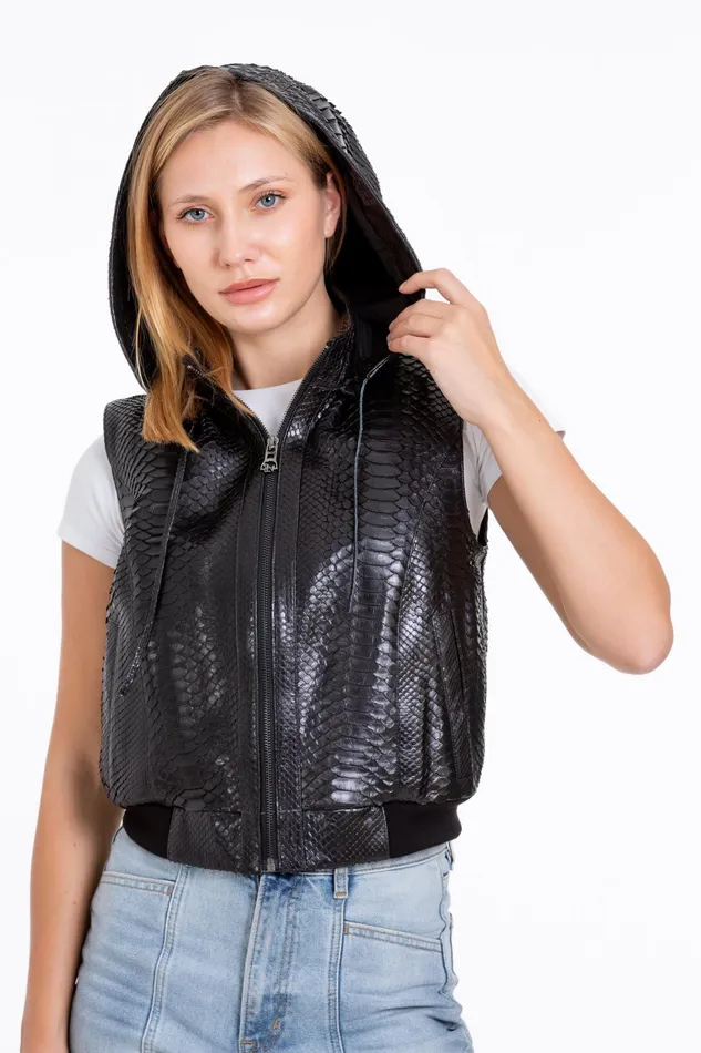 Women The Yanaka Pythn Skin Leather Black ZipUp Vest With A Hood Vinci Leather Best Sellers
