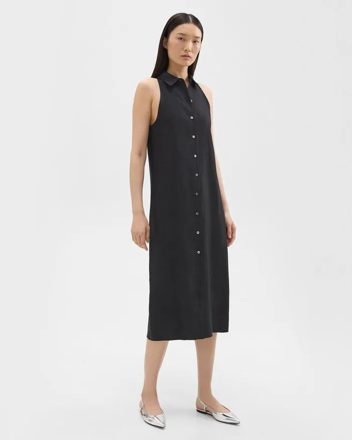 Women Theory Dresses Halter Neck Shirt Dress In LinenViscose Black