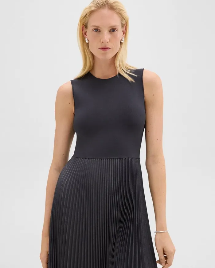 Women Theory Dresses Pleated Combo Dress In Stretch WoolBlend Charcoal Melange