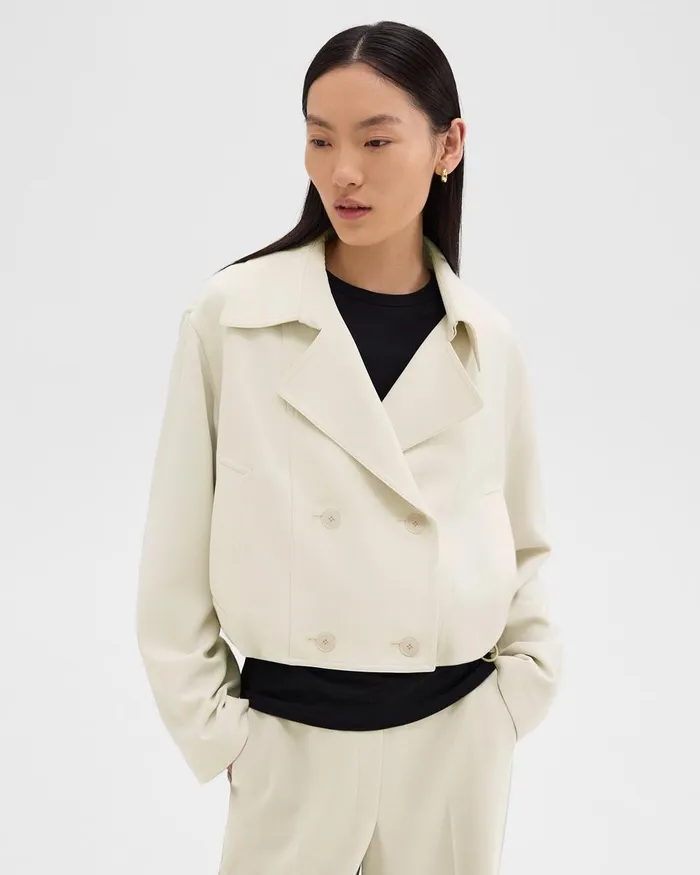 Women Theory Outerwear DoubleBreasted Crop Trench In Admiral Crepe Rice