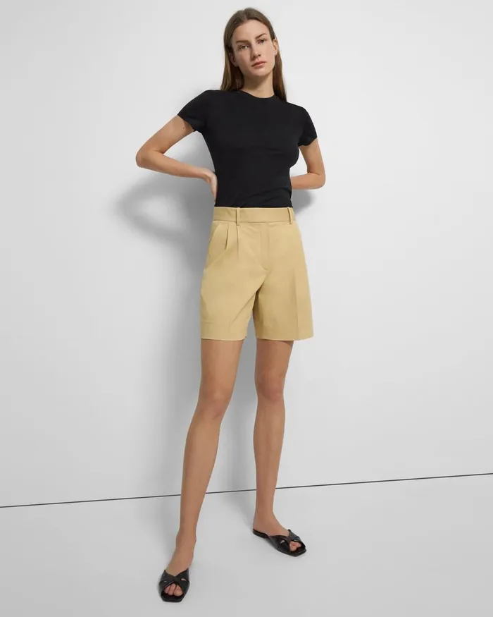 Women Theory Pants Pleated Short In Stretch Cotton Twill Tuscan