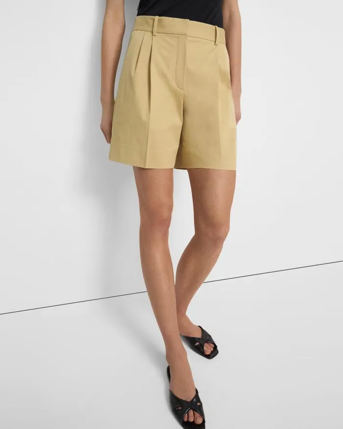 Women Theory Pants Pleated Short In Stretch Cotton Twill Tuscan