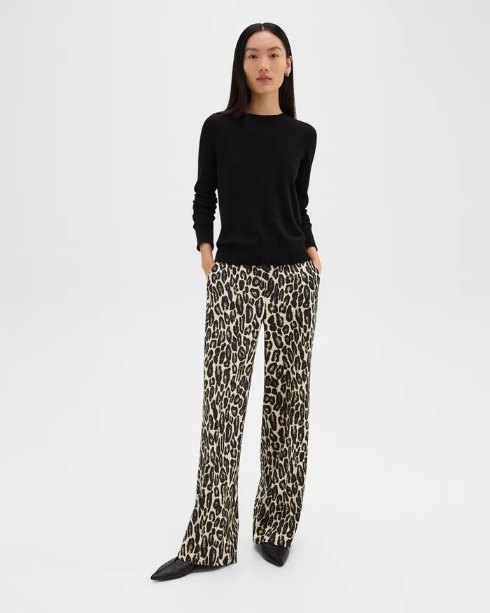 Women Theory Pants Relaxed Straight Pant In Stretch Leopard Wool Beige Multi