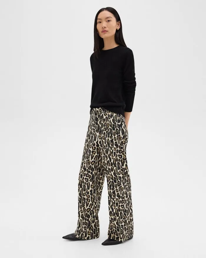 Women Theory Pants Relaxed Straight Pant In Stretch Leopard Wool Beige Multi