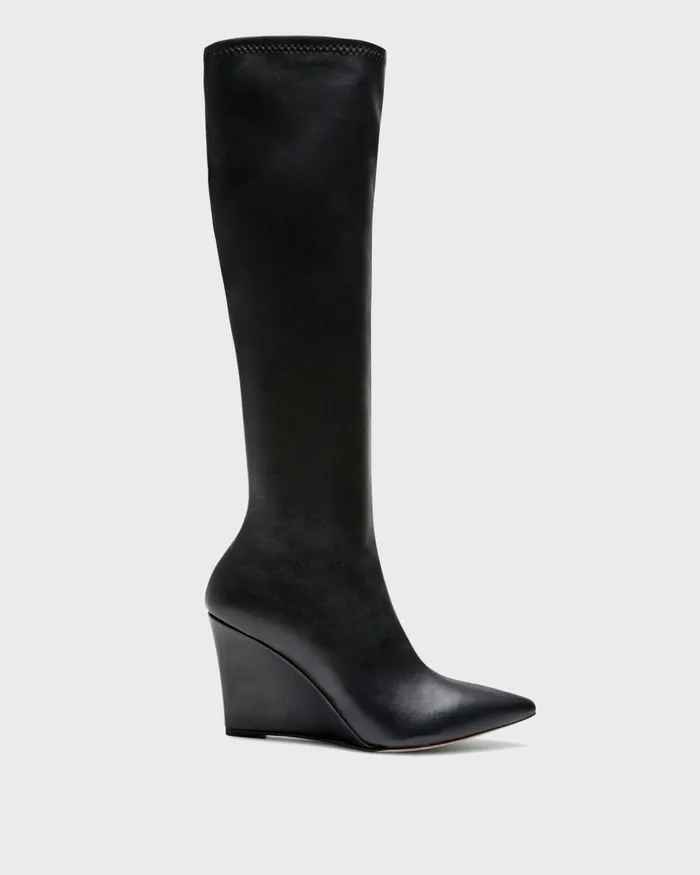 Women Theory Shoes KneeHigh Wedge Boot In Leather Black